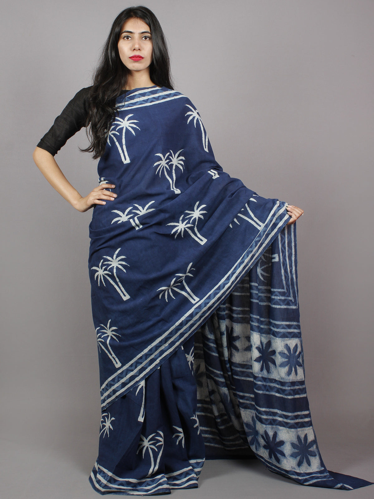 Indigo Blue White Hand Block Printed in Natural Colors Cotton Mul Saree - S031701340