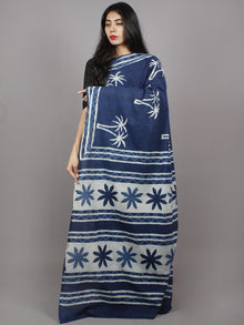 Indigo Blue White Hand Block Printed in Natural Colors Cotton Mul Saree - S031701340