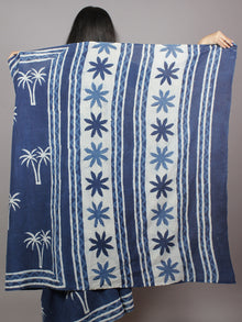 Indigo Blue White Hand Block Printed in Natural Colors Cotton Mul Saree - S031701340