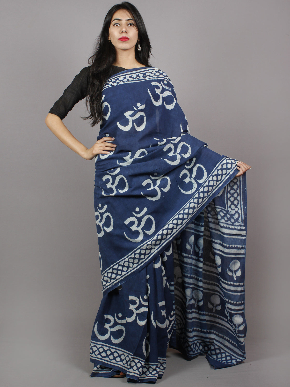 Indigo Blue White Hand Block Printed in Natural Colors Cotton Mul Saree - S031701344