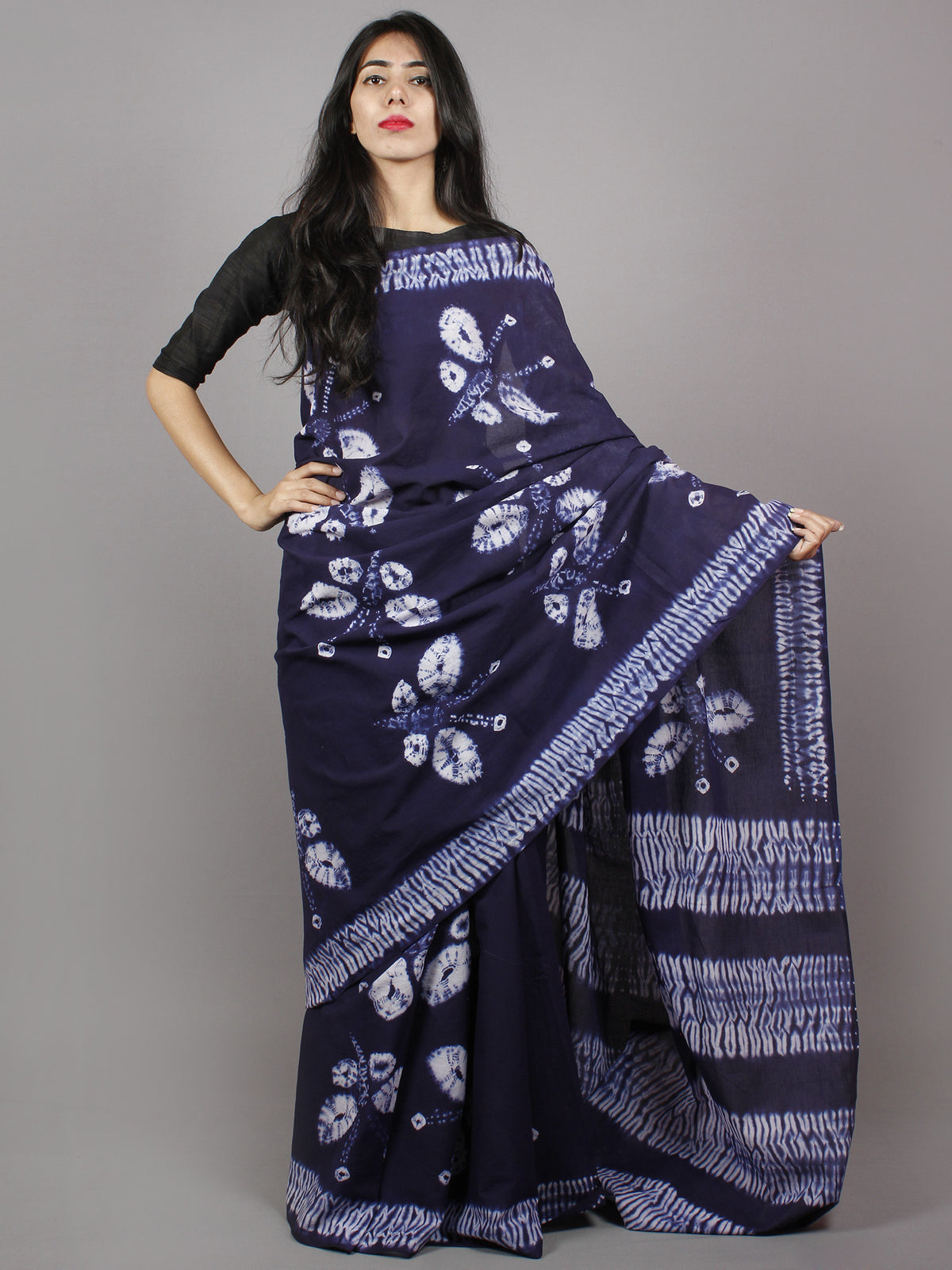Dark Indigo Ivory Hand Dyed Shibori  Cotton Mul Saree  - S031701346
