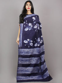Dark Indigo Ivory Hand Dyed Shibori  Cotton Mul Saree  - S031701346