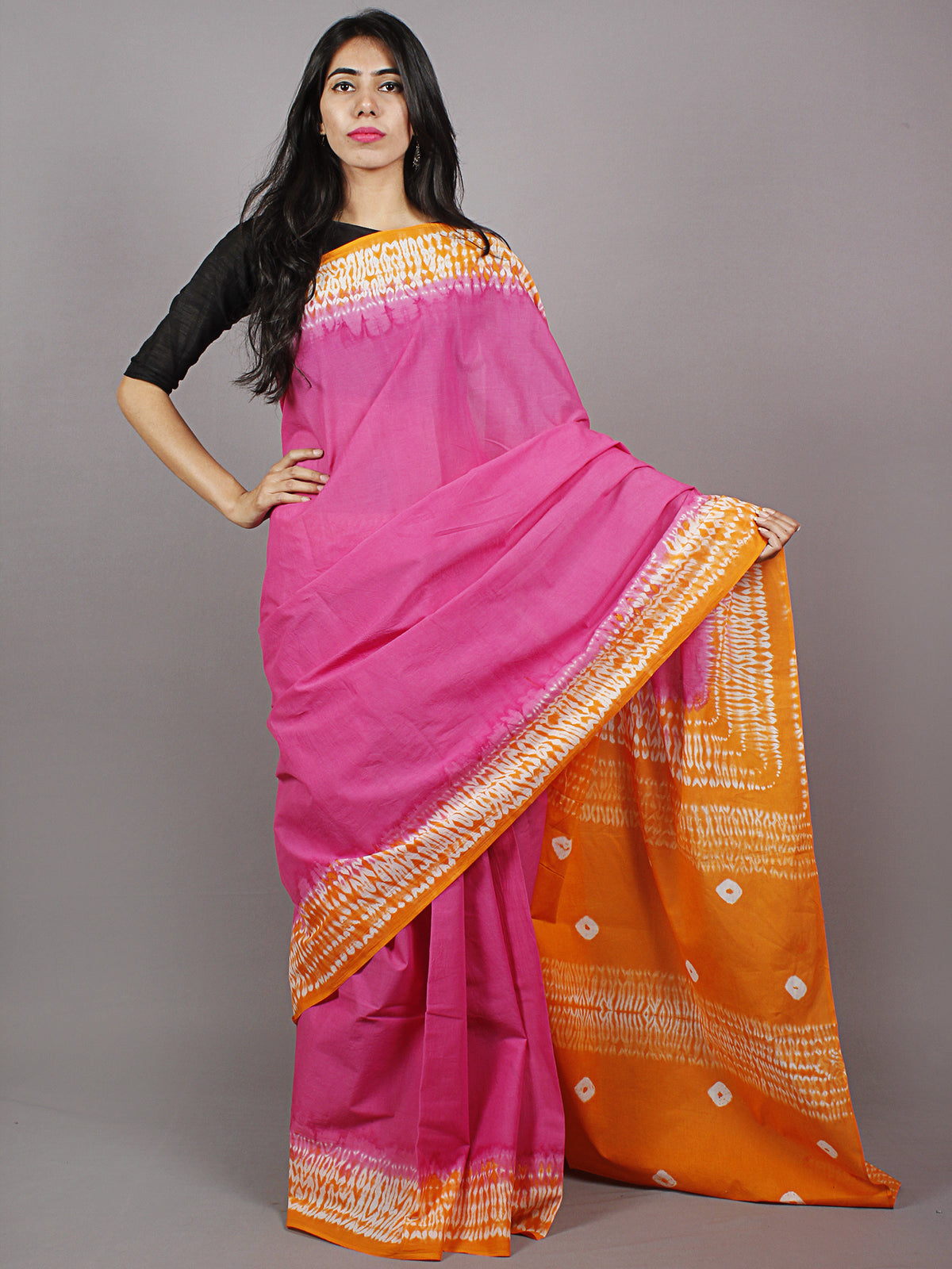 Pink Orange Ivory Hand Shibori Dyed Cotton Mul Saree  - S031701349