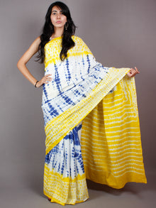 Indigo Yellow White Hand Dyed Cotton Mul Saree  - S03170462