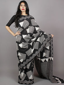 Black White Grey Hand Block Printed Cotton Mul Saree - S031701350