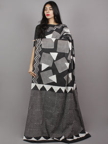 Black White Grey Hand Block Printed Cotton Mul Saree - S031701350