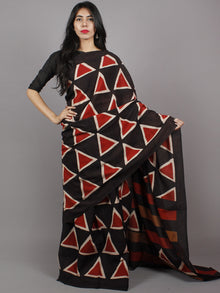 Black Maroon Brown Beige Hand Block Printed Cotton Mul Saree - S031701351