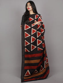 Black Maroon Brown Beige Hand Block Printed Cotton Mul Saree - S031701351