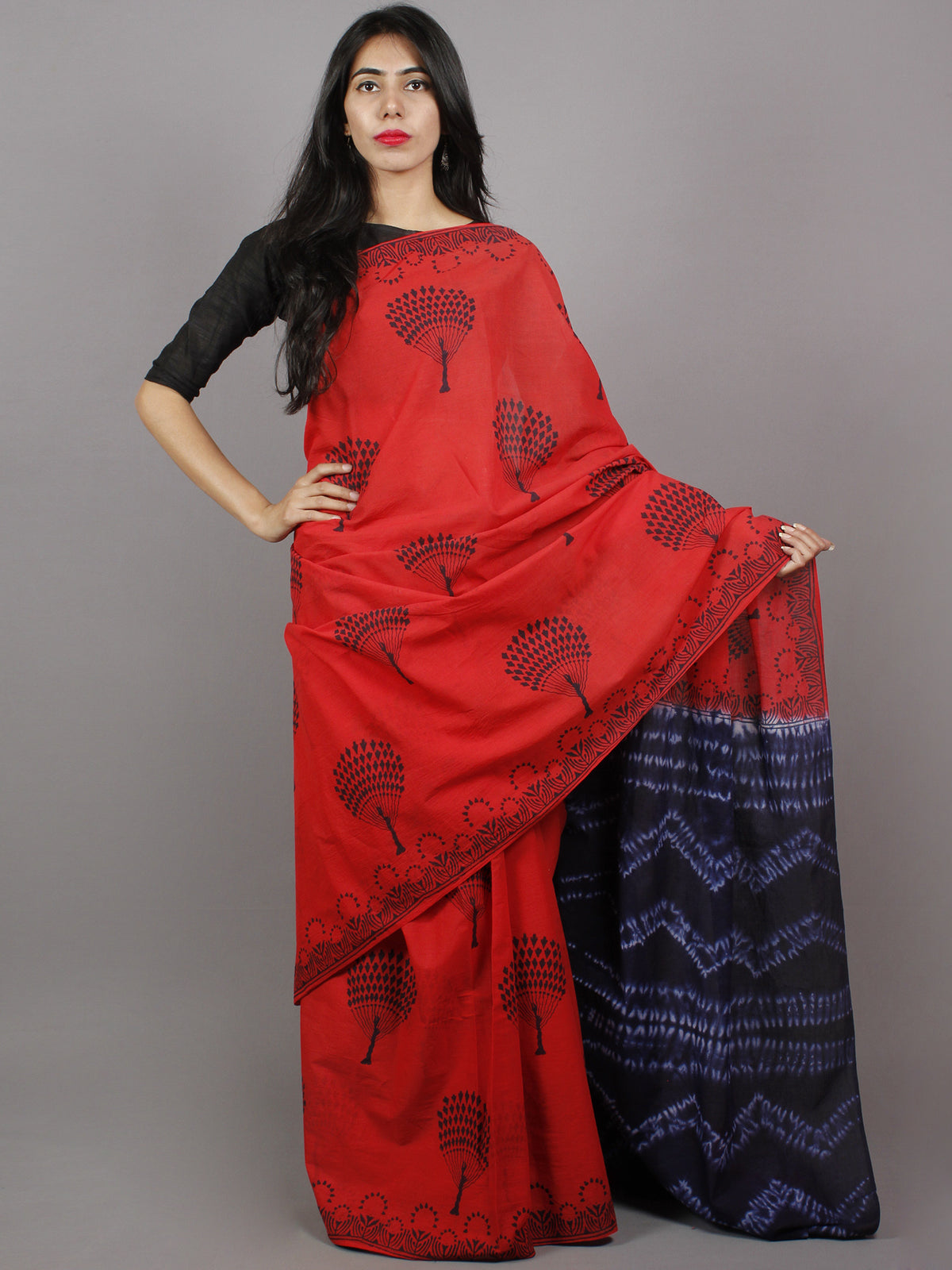 Red Indigo Ivory Hand Dyed Shibori  Cotton Mul Saree  - S031701352