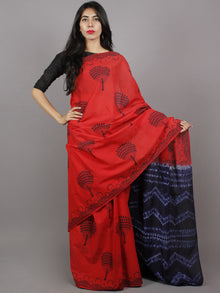 Red Indigo Ivory Hand Dyed Shibori  Cotton Mul Saree  - S031701352