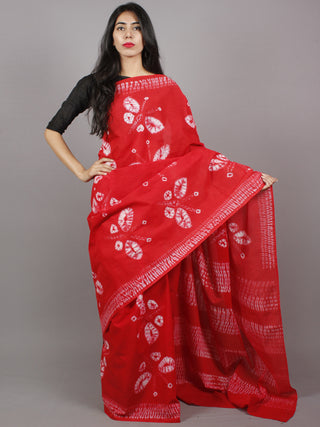 Red Ivory Hand Dyed Shibori  Cotton Mul Saree  - S031701354