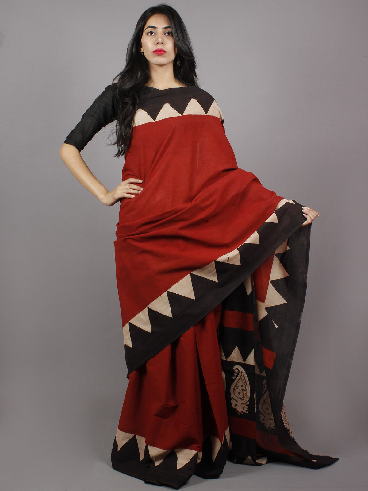 Maroon Black Beige Hand Block Painted & Printed Cotton Mul Saree - S031701356