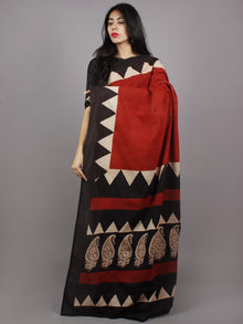 Maroon Black Beige Hand Block Painted & Printed Cotton Mul Saree - S031701356
