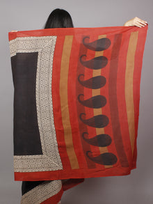 Black Maroon Beige Hand Block Painted & Printed Cotton Mul Saree - S031701357