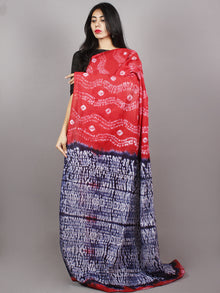 Red Ivory Indigo Hand Dyed Shibori  Cotton Mul Saree  - S031701358