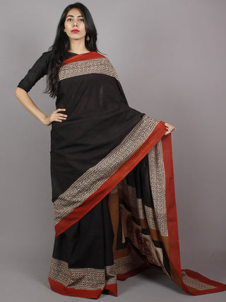 Black Maroon Beige Hand Block Painted & Printed Cotton Mul Saree - S031701359