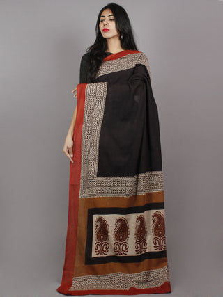 Black Maroon Beige Hand Block Painted & Printed Cotton Mul Saree - S031701359