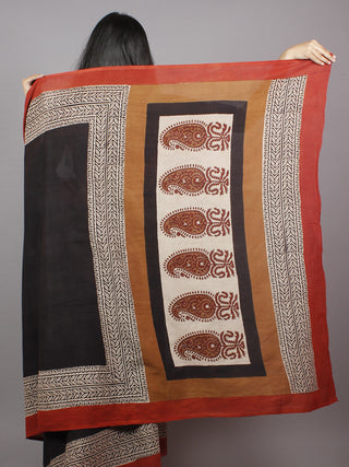 Black Maroon Beige Hand Block Painted & Printed Cotton Mul Saree - S031701359