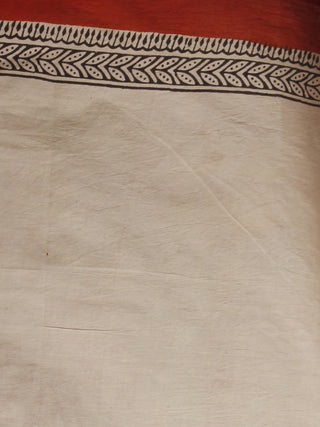 Black Maroon Beige Hand Block Painted & Printed Cotton Mul Saree - S031701359