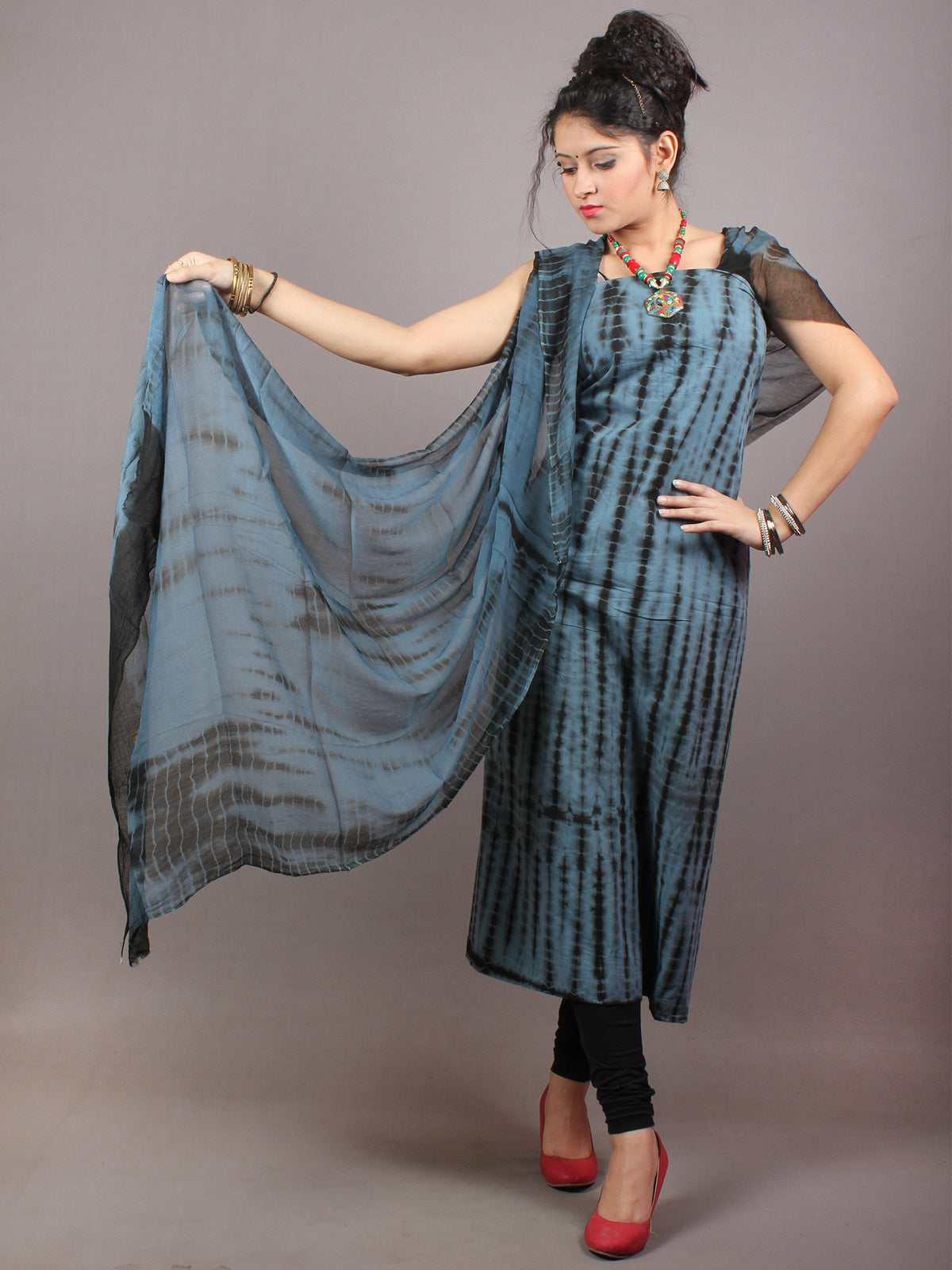 Black Grey Hand Block Printed Cotton Suit-Salwar Fabric With Chiffon Dupatta - S1628136