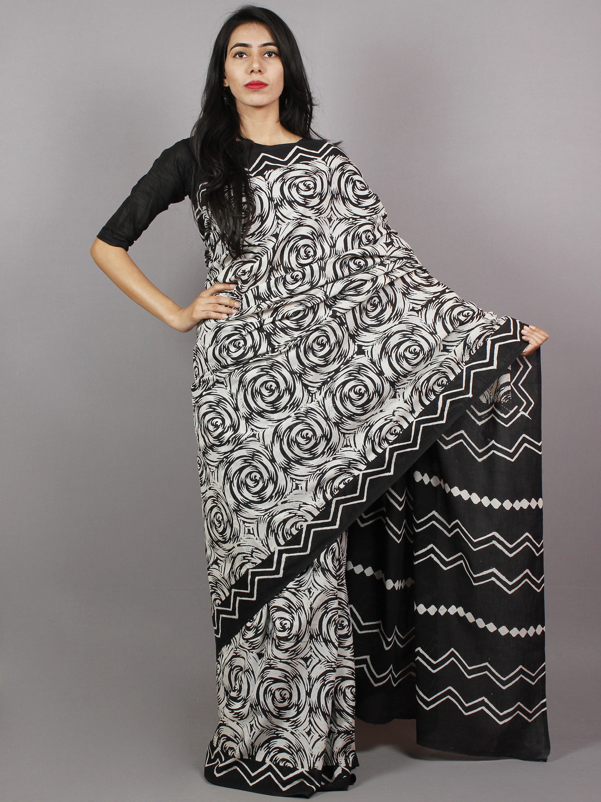Black White Hand Block Printed Cotton Saree - S031701362