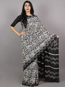 Black White Hand Block Printed Cotton Saree - S031701362