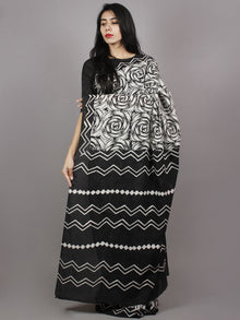Black White Hand Block Printed Cotton Saree - S031701362