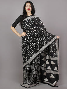 Black White Hand Block Printed Cotton Saree - S031701363