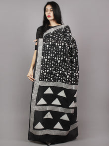 Black White Hand Block Printed Cotton Saree - S031701363