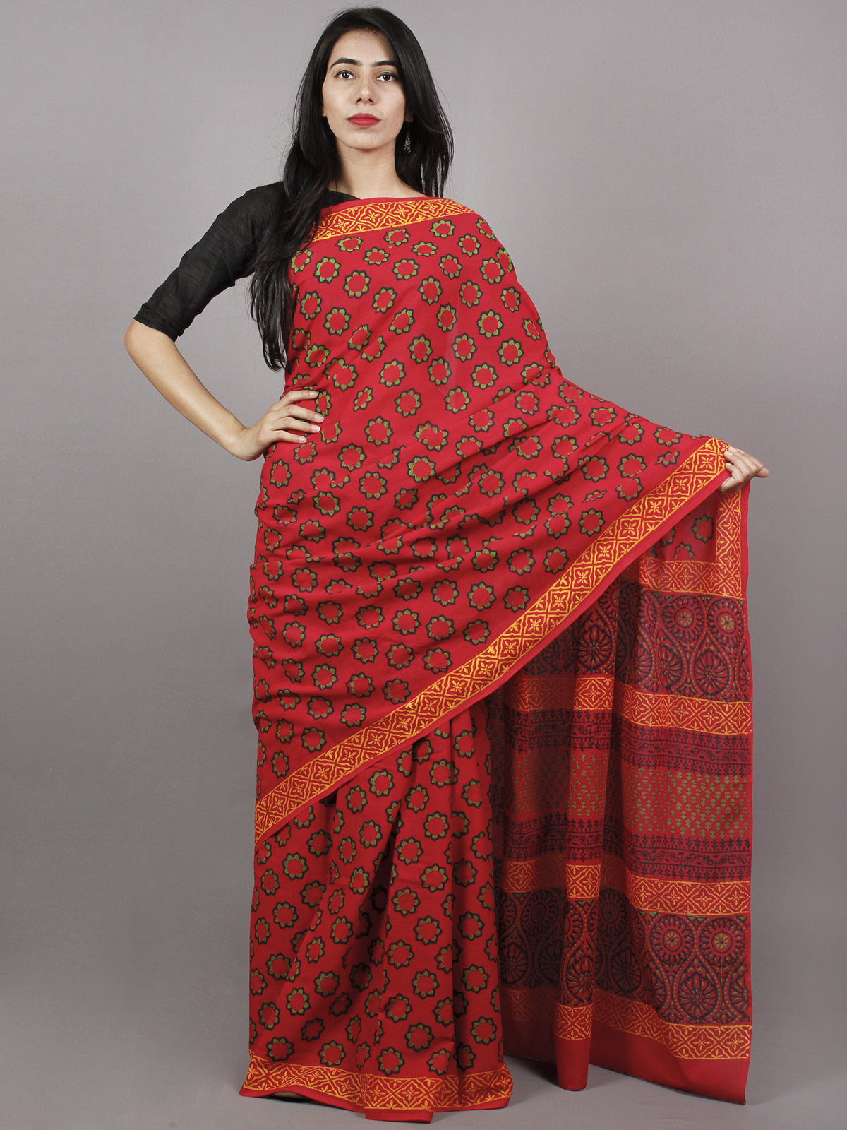 Maroon Yellow Black Hand Block Printed Cotton Saree - S031701365