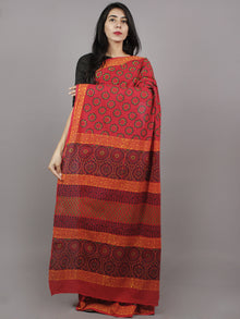 Maroon Yellow Black Hand Block Printed Cotton Saree - S031701365
