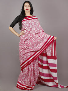 Pink Red White Block Printed Cotton Saree - S031701366