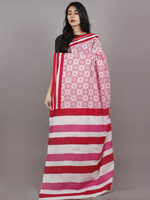 Pink Red White Block Printed Cotton Saree - S031701366
