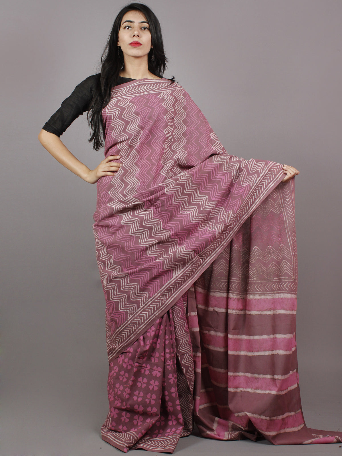 Carmine Pink White Hand Block Printed Cotton Saree - S031701367