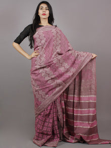 Carmine Pink White Hand Block Printed Cotton Saree - S031701367