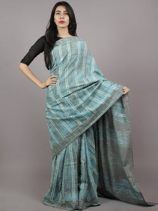 Grey Azure White Hand Block Printed Cotton Saree - S031701368
