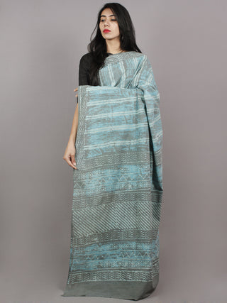 Grey Azure White Hand Block Printed Cotton Saree - S031701368