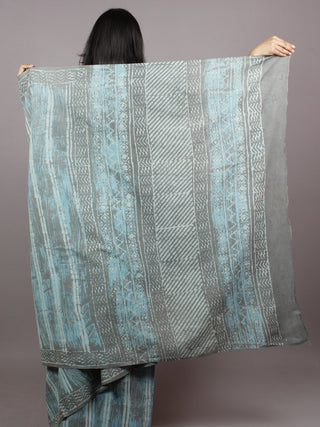 Grey Azure White Hand Block Printed Cotton Saree - S031701368