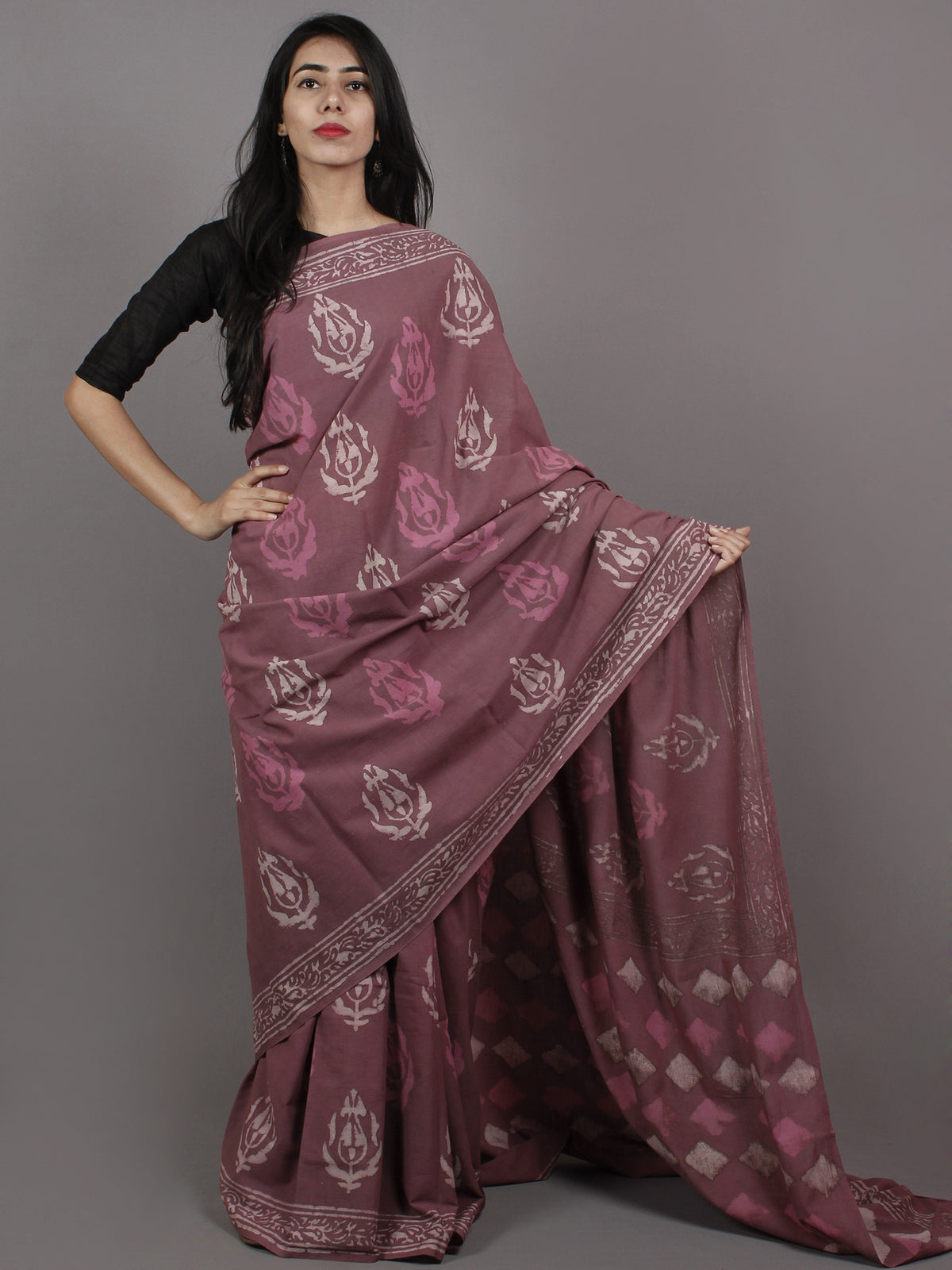 Rosewood Pink Ivory Hand Block Printed Cotton Saree - S031701369