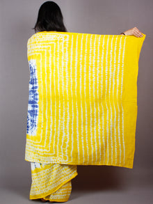 Indigo Yellow White Hand Dyed Cotton Mul Saree  - S03170462