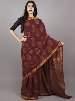 Gingerbread Maroon Yellow Green Hand Block Printed Cotton Saree - S031701370