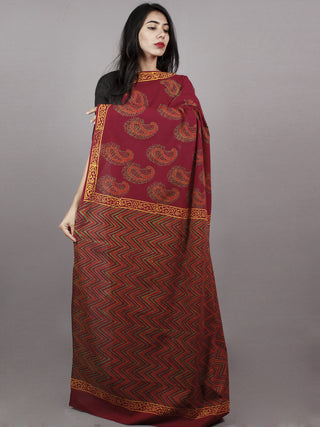 Gingerbread Maroon Yellow Green Hand Block Printed Cotton Saree - S031701370