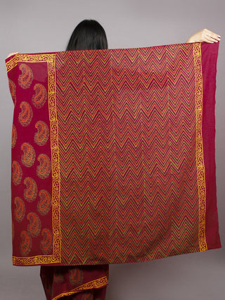 Gingerbread Maroon Yellow Green Hand Block Printed Cotton Saree - S031701370