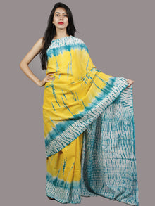 Yellow Green Ivory Hand Shibori Dyed Cotton Saree - S031701372