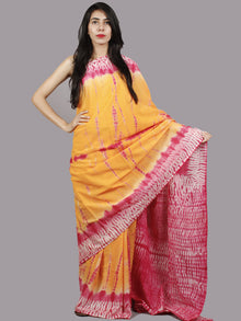 Yellow Pink Ivory Hand Shibori Dyed Cotton Saree - S031701375