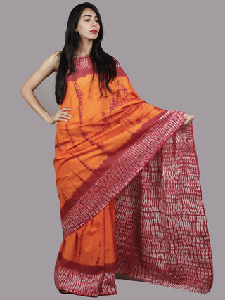 Orange Brown Ivory Hand Shibori Dyed Cotton Saree - S031701376