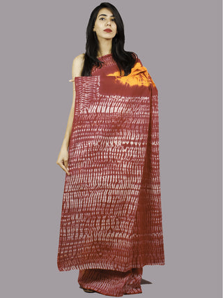 Orange Brown Ivory Hand Shibori Dyed Cotton Saree - S031701376