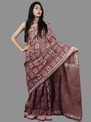 Rosewood Pink Ivory Hand Block Printed Cotton Saree - S031701379