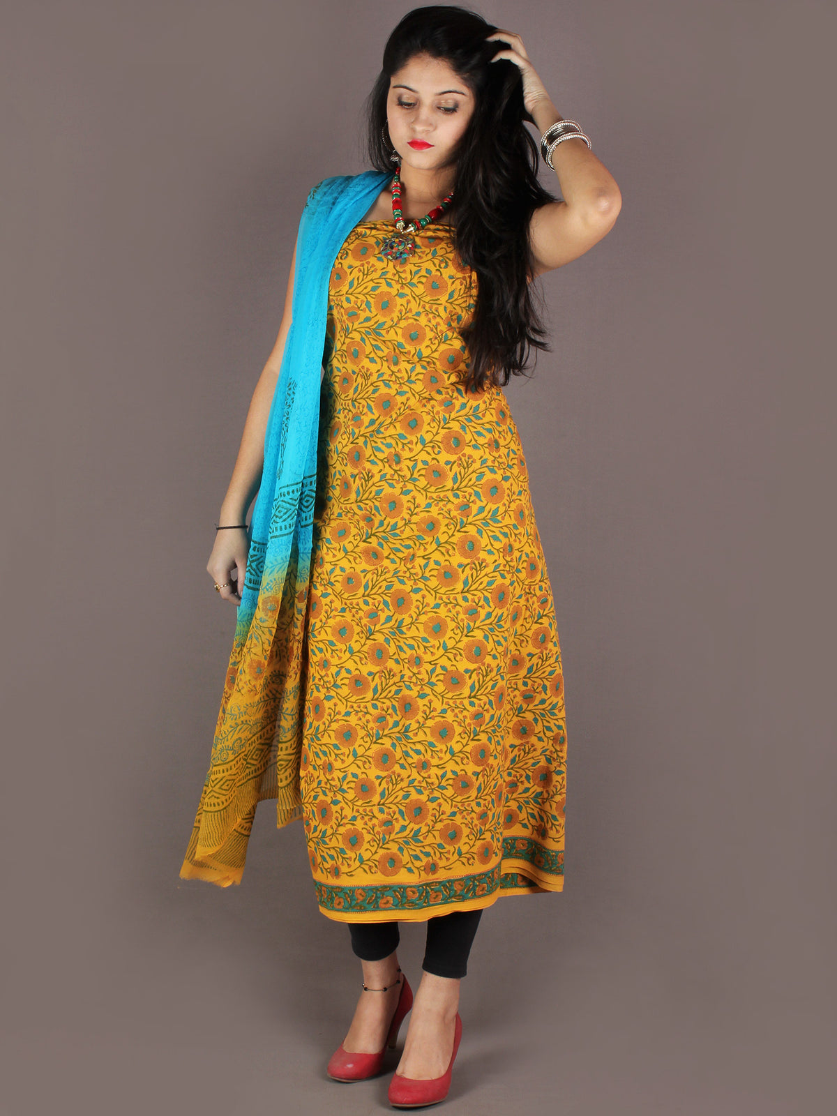 Yellow Sky Blue Hand Block Printed Cotton Suit-Salwar Fabric With Chiffon Dupatta - S1628138