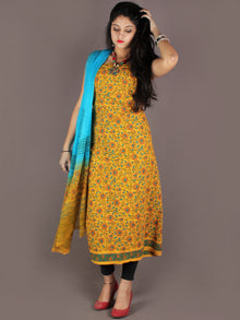 Yellow Sky Blue Hand Block Printed Cotton Suit-Salwar Fabric With Chiffon Dupatta - S1628138